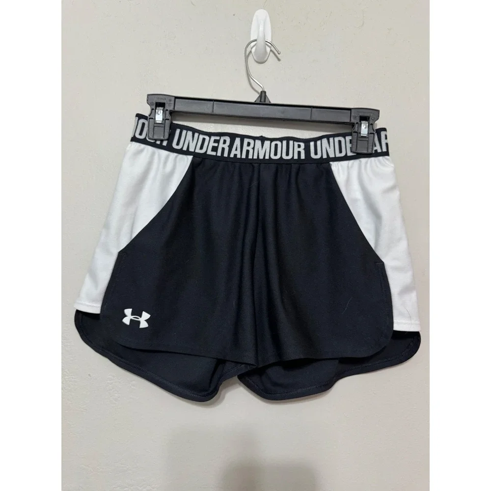 Under Armour‎ Womens HeatGear Athletic Shorts Black White Logo XS Loose Fit